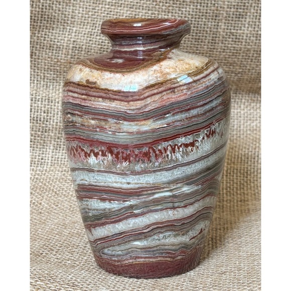 Other - Polished Carved Onyx Marble Vase Earth Tones Rustic Cottage Core Heavyweight